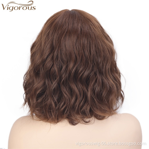 Vigorous 14 Inches Short Wavy Synthetic Bob Wigs With Bangs Light Auburn Color Natural Looking Heat Resistant Fiber Cosplay Wig